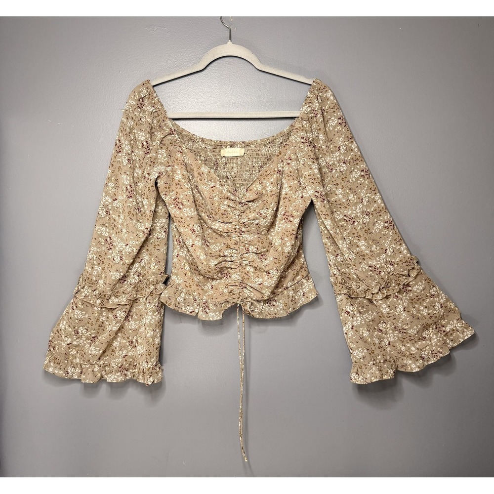 Altar'd State Blouse Womens L Beige Floral Ruched Bell Slv Cottage Festival Top